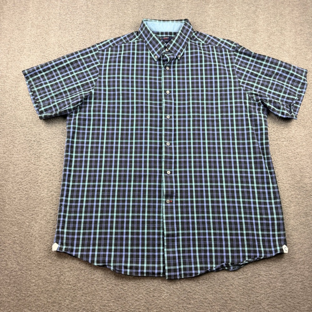Cremieux Classics Mens XL Short Sleeve Button Down Shirt Blue Green Plaid Cotton